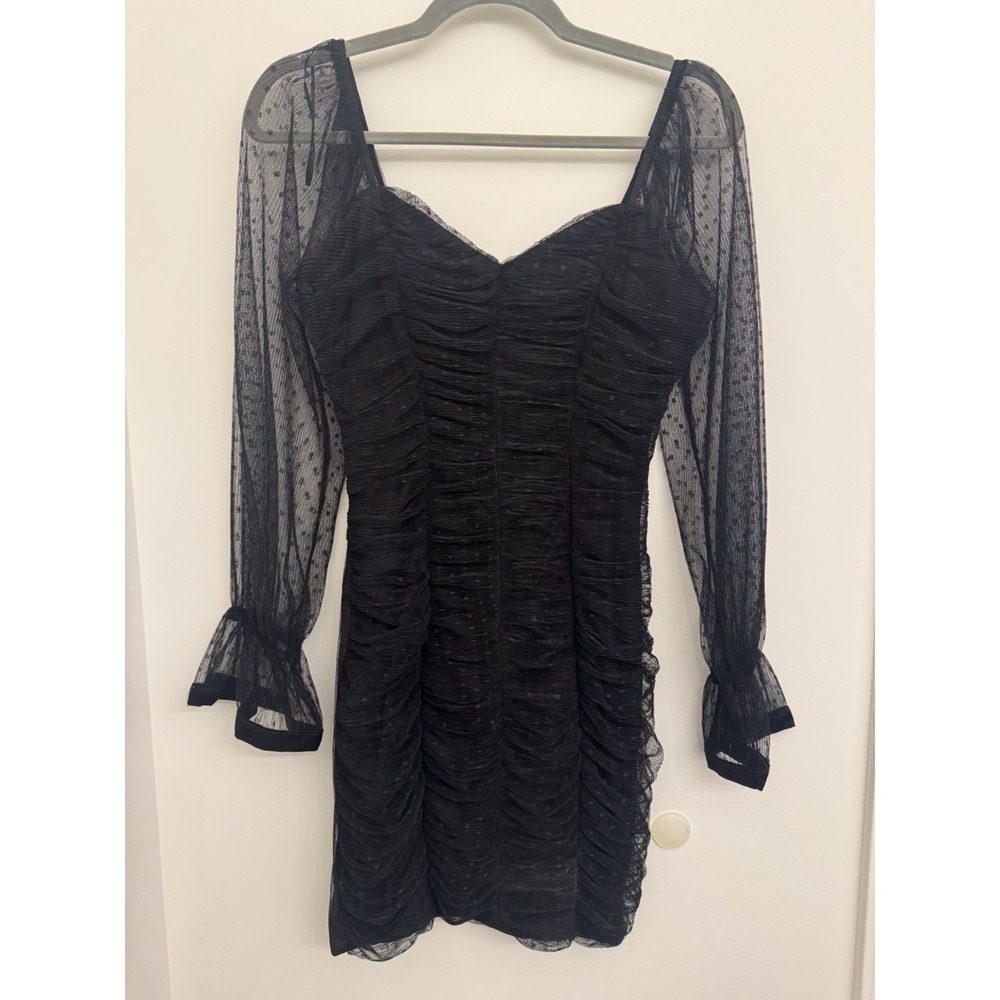 Haute Monde Ruched Mesh Mini Dress Long Sleeve Polkadot Bodycon‎ Black Size S